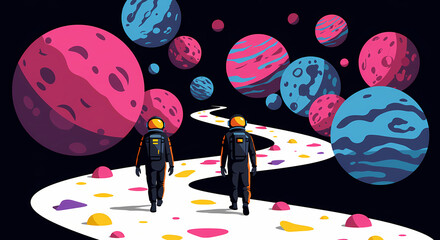 A graphic illustration depicts two astronauts walking along a winding path through a colorful space scene filled with various stylized planets. 