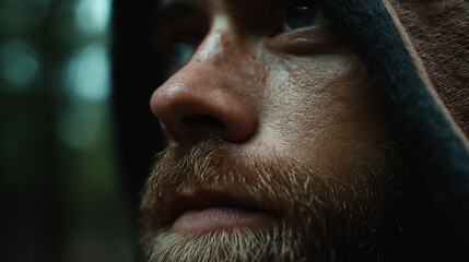 Hunter wearing hood looking away in forest closeup