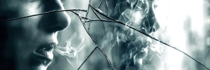 Cracked Mirror Reflects a Smoking Face Revealing the Concept of Identity Destruction in a Haunting and Surreal Manner