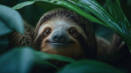 Fototapeta premium Smiling sloth hiding in the green leaves of the jungle