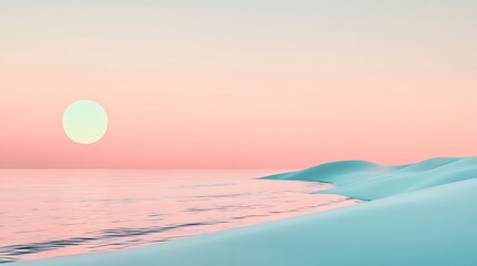 Pastel Sunset with Sandy Beach, and Ocean.