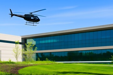 Fototapeta premium Black helicopter hovering above modern glass office building with lush green lawn in foreground under bright blue clear sky depicting urban flight and architecture