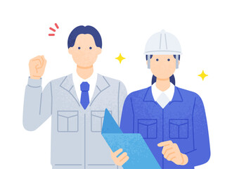 作業服を着てガッツポーズをする男性。ヘルメットを着用し点検する女性。現場で働く男女のイラスト素材。