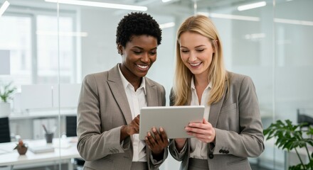 Two Businesswomen Collaborating on a Tablet in a Modern Office