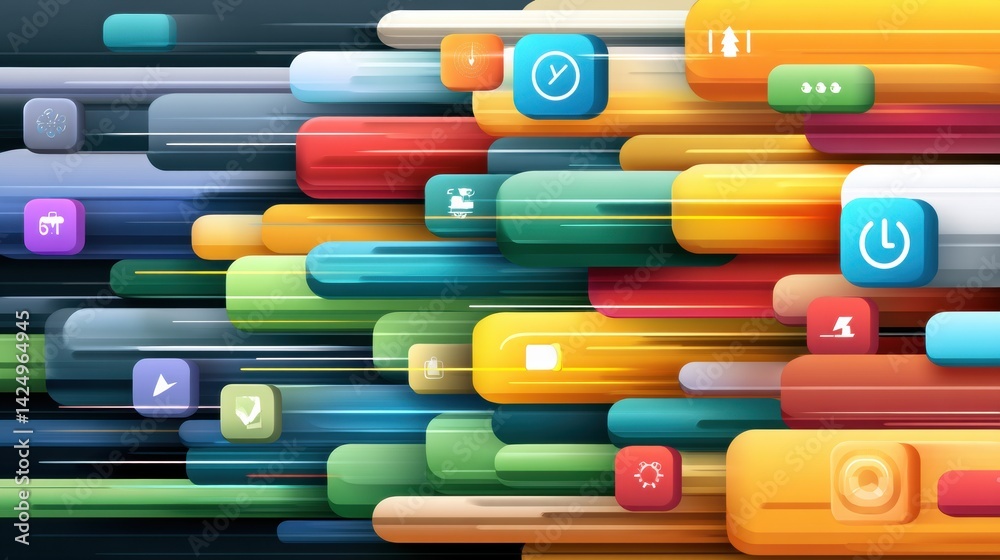 Poster Digital Icons Race in Playful Speed With Colorful Apps in Abstract Motion