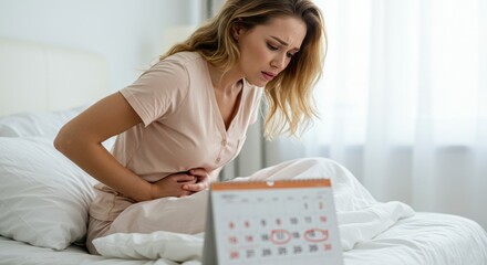 Woman in Pajamas Gripping Stomach in Pain with Calendar Marking