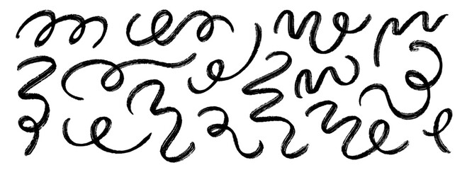 Black squiggle paint line set. Wiggly brush stroke collection. Charcoal curly flourish pack for highlight, underline, emphasis. Vector rough scribble swoosh stripes. Organic crayon chalk wavy strips © vika_k