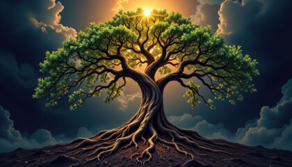 Fototapeta premium A sprawling, ancient tree, its roots delving into darkness and decay, representing the inevitable end and decomposition essential for new beginnings