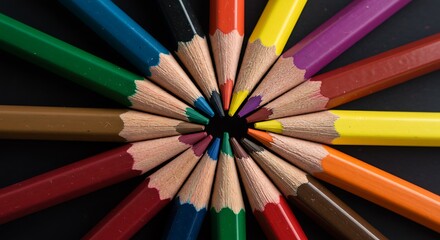 Colorful Pencils Forming Circle on Black Background Macro