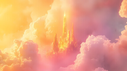Obraz premium A golden city floating in glowing pastel clouds, its spires shimmering with light. Shimmering Spire. Illustration