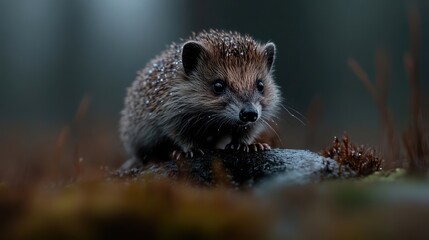 Fototapeta premium Small hedgehog on rock, forest backdrop