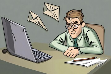 Cartoon illustration of frustrated office worker receiving too many emails, sitting at desk with laptop, flying envelopes, paperwork, and stressed facial expression