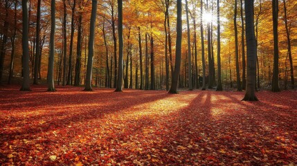 Fototapeta premium Autumn forest with vibrant orange and red leaves, sunlight filtering through trees