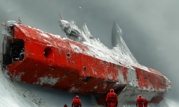 Snowy wreck scene Red spaceship, mountain backdrop, figures in red suits in a foggy landscape