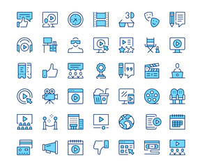 Cinema icons. Vector line icon set. Modern outline design. Blue concept