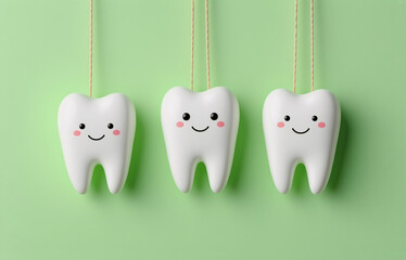 Three smiling teeth hang against a pastel green background, symbolizing healthy dental care and oral hygiene.  They're strung with twine, adding a whimsical touch.