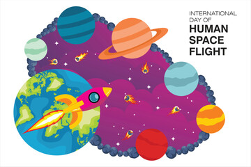 Colorful flat illustration for International Day of Human Space Flight. Featuring a rocket flying through space surrounded by planets and stars. Perfect for science events and space exploration themes