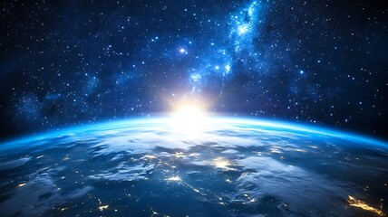 Fototapeta premium Horizon of Earth from space bright blue glow curve