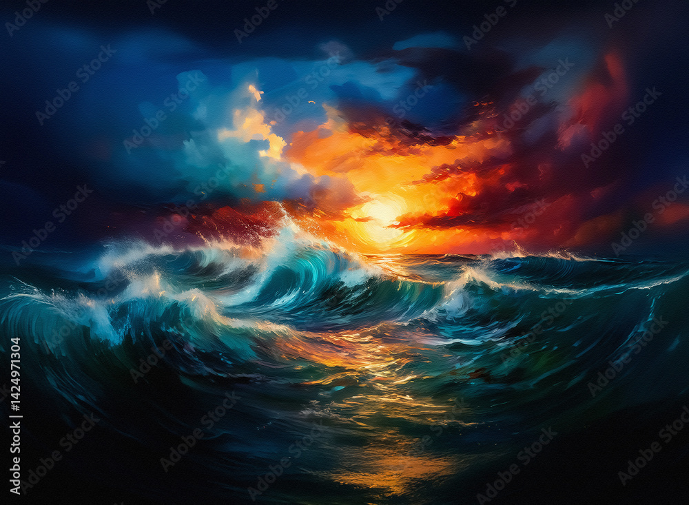 Poster hints: the image shows a seascape with a dramatic sky and waves. colors are vibrant with a sunset gl
