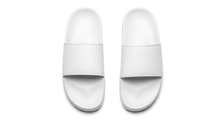 Fototapeta premium A pair of white slide sandals displayed on a white background in a studio shot from above view