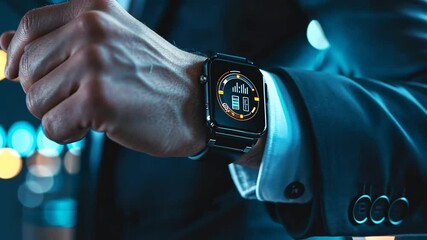 Man using smartwatch with data analysis display at night for business intelligence - Powered by Adobe