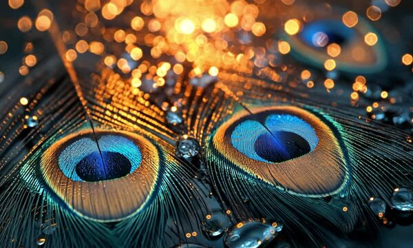 Close-up peacock feathers with water droplets and bokeh.