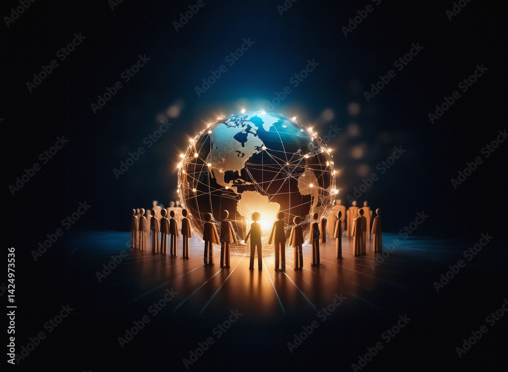 Poster a glowing globe surrounded by silhouetted figures, all interconnected. hint: represents global commu