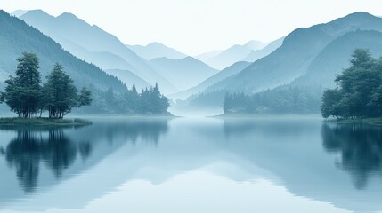 Fototapeta premium Misty Mountain Lake Serenity: A Breathtaking Panorama