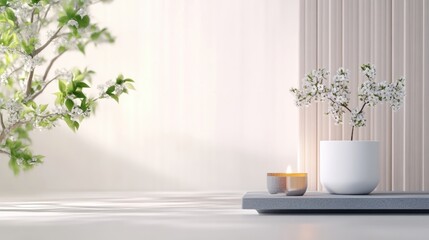 Serene minimalist zen space with soft lighting and blooming cherry blossoms