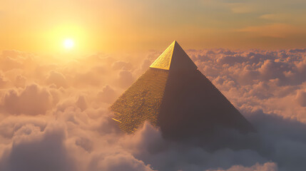 Ancient pyramid rises dramatically above a sea of clouds. Timeless Ziggurat. Illustration