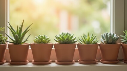Fototapeta premium Resilient succulents in terracotta pots bright windowsill outdoor scene