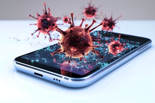 Modern smartphone with large 3D red virus particles emerging from the screen representing a dangerous mobile cyber infection - Powered by Adobe