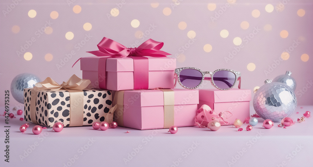 Poster here's the description and keywords: image presents various gift boxes and decorations. the composit