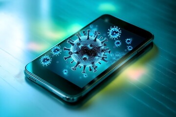 Smartphone screen with 3D rendered digital virus particles symbolizing cyber attack malware and data security threat