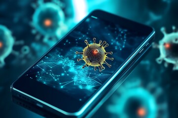 Conceptual image of a smartphone infected with digital virus malware represented by glowing 3D virus particles over network background
