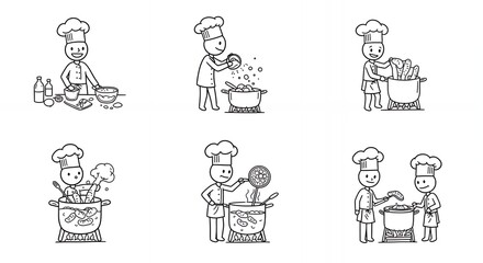 Fototapeta premium Black and White Stick Figure Chef Demonstrating Parboiling Process Illustrations with Detailed Line Art Isolated on White Background