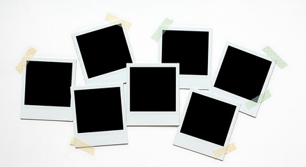Arrangement of seven blank polaroid pictures taped to a white surface in a studio setting