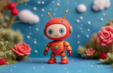 Fototapeta premium A charming, orange-colored robot, possibly a toy, stands amidst a whimsical backdrop of stylized flora, and fauna. It has blue eyes and antennas, suggesting an artificial creation. The background feat