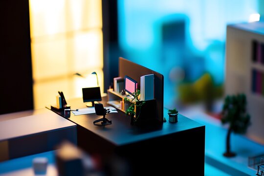 Miniature modern workspace diorama with dual monitors on a black desk illuminated by warm yellow and cool blue lighting in a contemporary urban office environment