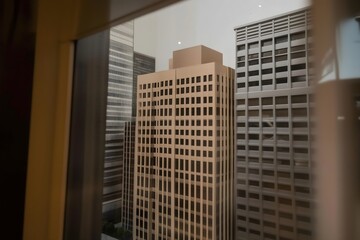 Urban skyline view of high-rise office buildings with grid-style window design seen through glass window from adjacent skyscraper