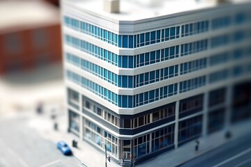 Modern multi-story commercial office building with blue-tinted glass windows situated on a city street corner with visible cars and pedestrians