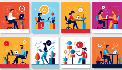 Diverse_Illustrations_of_People_Working_Remotely_on_Laptops_and_Tablets_Showcasing_Modern_Workspaces_Collaboration_and_Productivity_in_Colorful_Flat_Designs