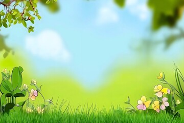 Sunny outdoor spring background illustration with grass meadow blooming flowers leafy tree branches and blue sky creating fresh natural seasonal backdrop with copy space
