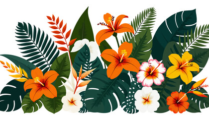 Obraz premium Tropical Floral Pattern_Exotic Hibiscus Flowers and Lush Greenery Illustration_Vibrant Summer Design with Palm Leaves and Colorful Blossoms_Hawaiian Floral Artwork