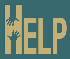 The word HELP is seen with hands reaching out of each other in an illustration..