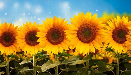 Obraz premium Golden sunflower blossoms aligned in a row against a dreamy sky