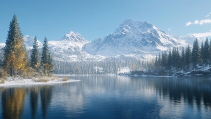 Snowy mountain lake, calm winter scenery, reflection