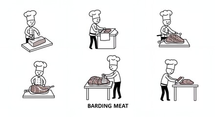 Obraz premium Stick Figure Chef Barding Meat Process Black and White Illustration on a Clean White Background Demonstrating Culinary Steps for Food Preparation