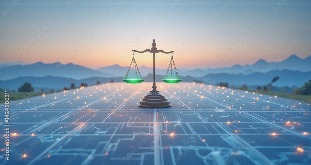 Aufkleber here's the response: a balanced scales sits atop a path of technological advancement, hinting at the