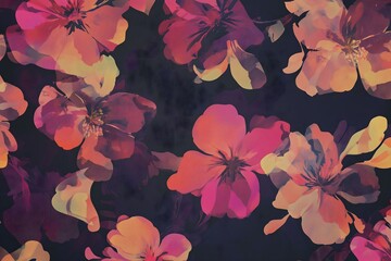 Dark background with seamless pattern of stylized flowers in shades of pink red orange and purple creating a bold and artistic floral design
